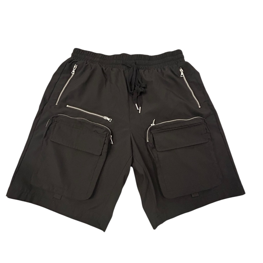 Nova Men’s Silver Zippered 7‎ Pocket Black Cargo Shorts 30x9” Drawstring